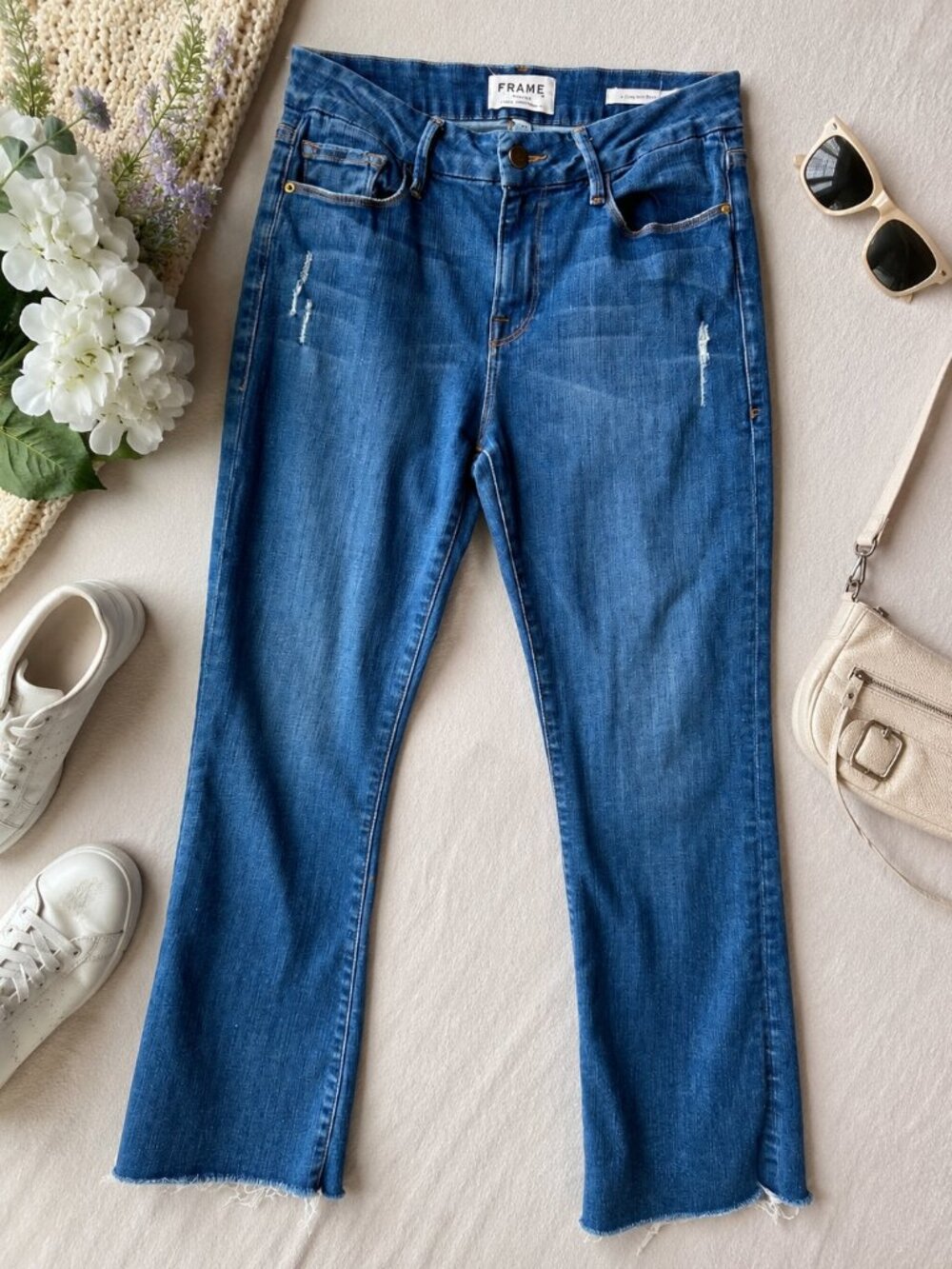 FRAME Le Crop Mini Boot Jeans 29 Cropped Bootcut Distressed Raw Hem Denim‎